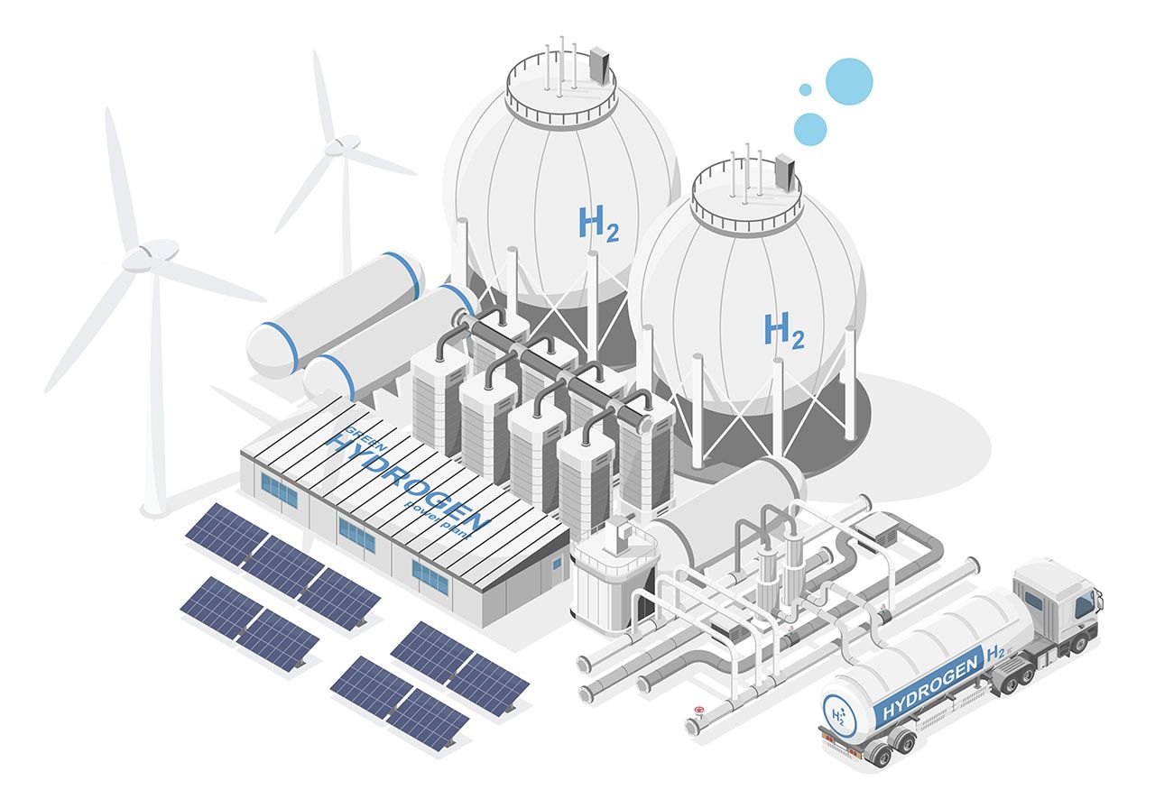 Isometric vector illustration showcasing a concept of a green hydrogen power plant.