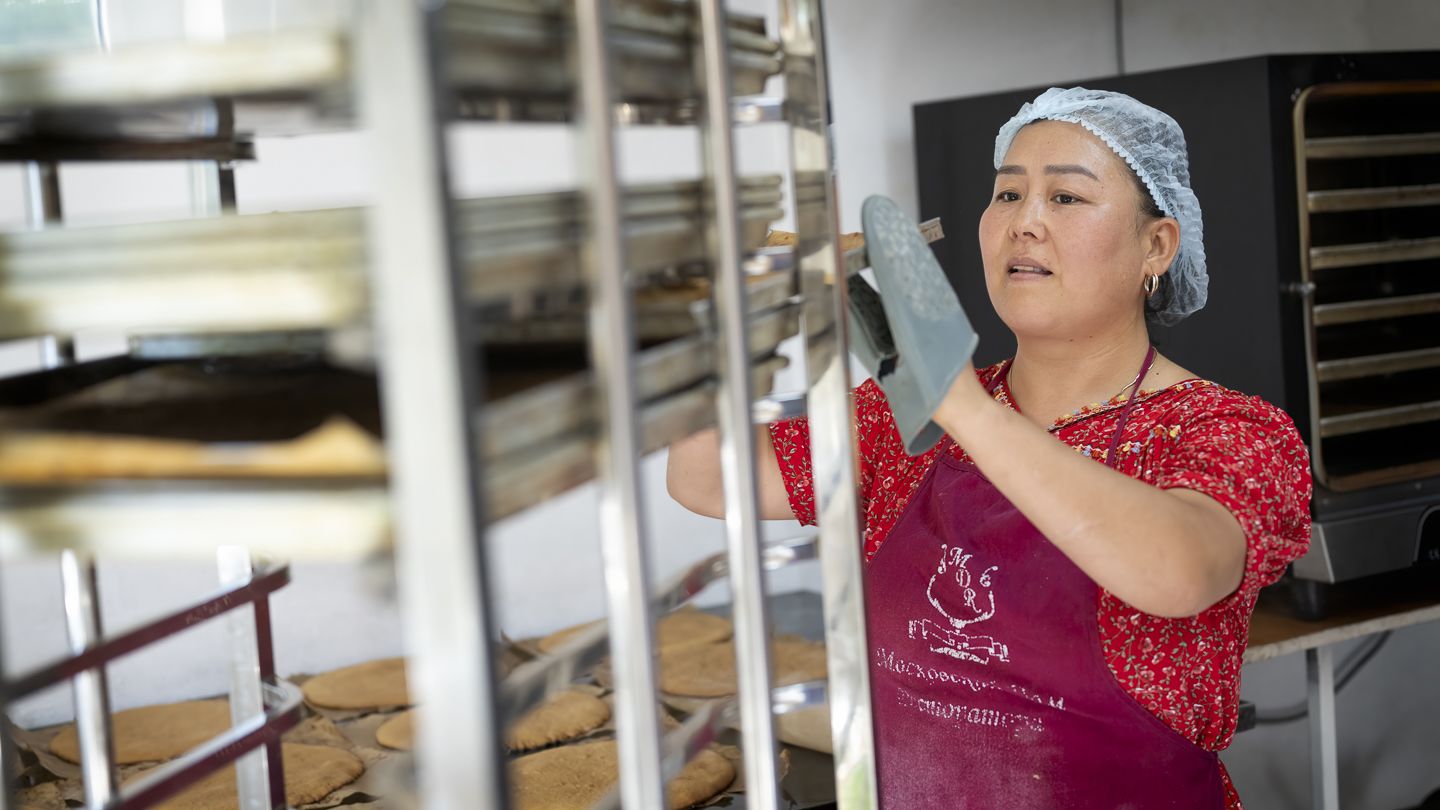 Nazgul Attokurova working in her bakery. 