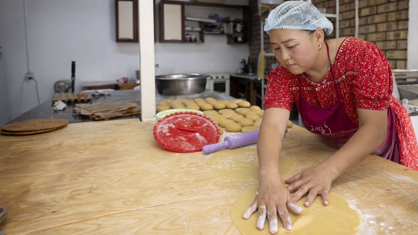 Nazgul Attokurova working in her bakery. 