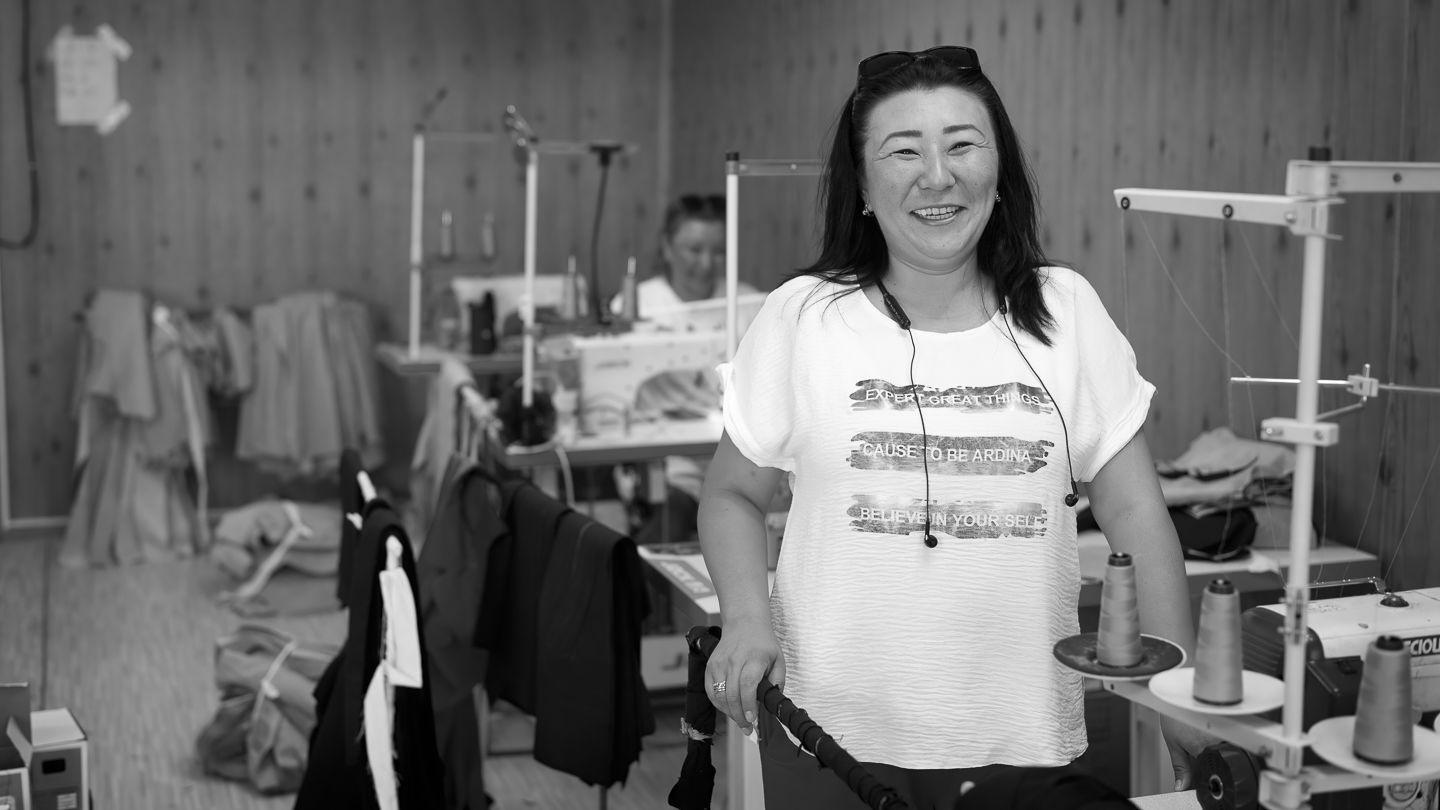 Altynai Arzymatova in her sewing shop. 