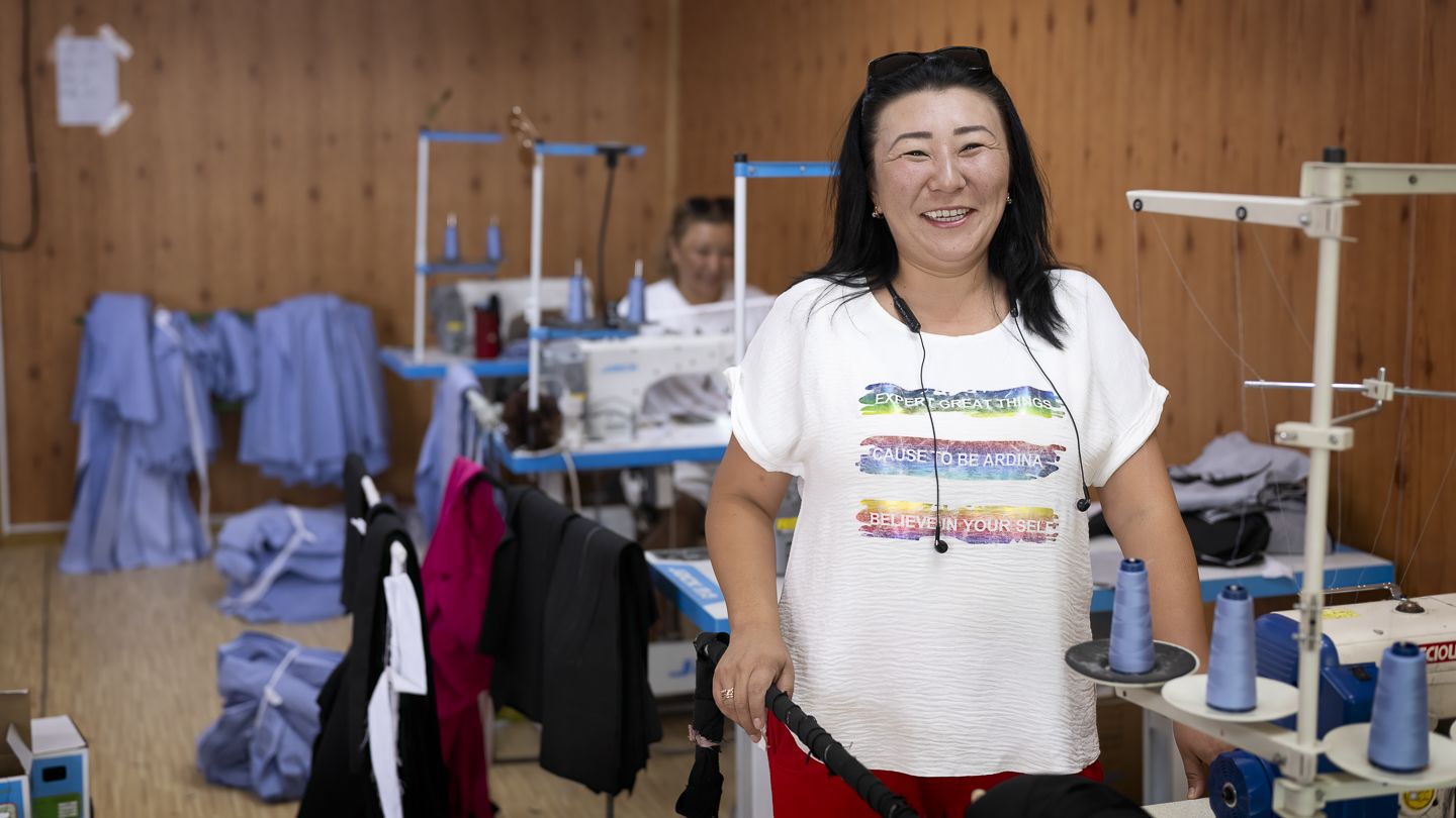 Altynai Arzymatova in her sewing shop. 
